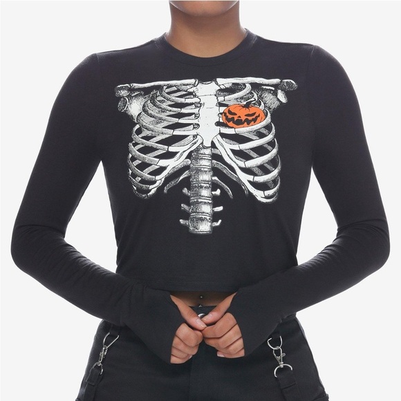 Social Collision Pumpkin Heart Ribcage Crop Long Sleeve Black Tee Size XS - Picture 1 of 9